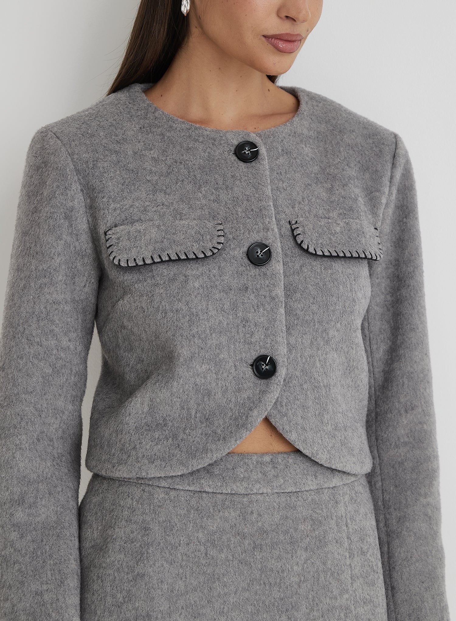Grey Wool Contrast Pocket Cropped Jacket